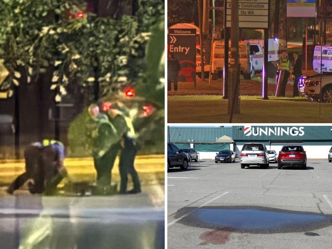 Clockwise from main: Police stand over the teen following the fatal confrontation; the immediate aftermath; and blood on the ground outside the Willetton Bunnings store in Perth on Sunday