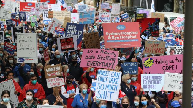 Tens of thousands of nurses have been protesting in recent months calling for a wage increase following their efforts on the frontline during the COVID-19 pandemic. Picture: NCA NewsWire / David Swift