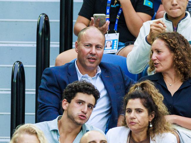 Former member for Kooyong Josh Frydenberg with his wife Amie during the match between Aryna Sabalenka and Elena Rybalenka of Kazakhstan in the WomenÃs Singles Final on Rod Laver Arena, Day 13 of the 2023 Australian Open at Melbourne Park, Saturday, January 28, 2023. MANDATORY PHOTO CREDIT Tennis Australia/ AARON FRANCIS