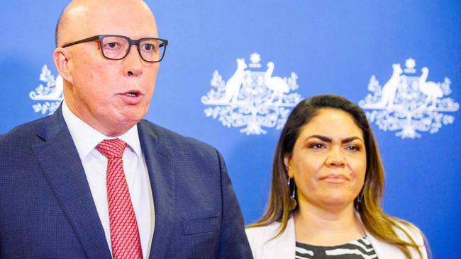 Jacinta Nampijinpa Price (R) and Opposition Leader Peter Dutton in 2023. (Photo by Patrick HAMILTON / AFP)