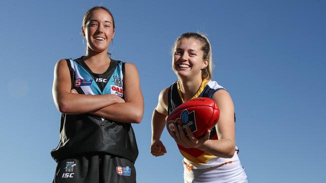 West Adelaide defender Maddi Newman (left) will feature with the Power, while North Adelaide’s Nadia von Bertouch will play for the Crows in the women’s Showdown on Saturday. Picture: Sarah Reed