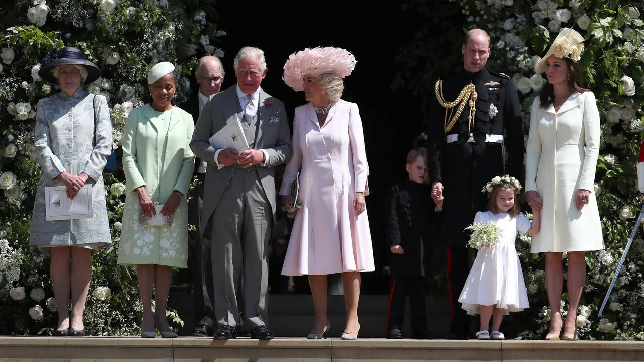 Lady Jane Fellowes (left) joined the rest of the family in waving Meghan and Harry off on the church steps. Picture: Jane Barlow — WPA Pool/Getty Images