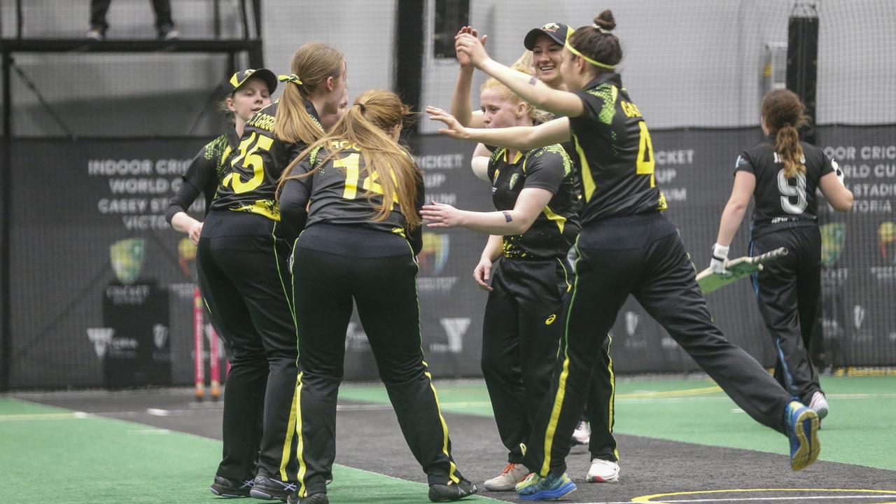 U22 Girls game between Australia and New Zealand. Australian players celebrate. Picture: Valeriu Campan