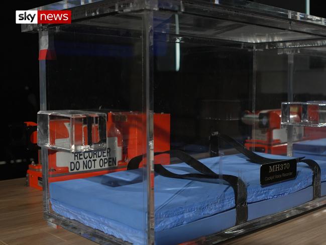 Empty boxes that were built to house the flight data recorder and the cockpit voice recorder from the MH370 aircraft when it is found. Picture: Sky News/ Supplied