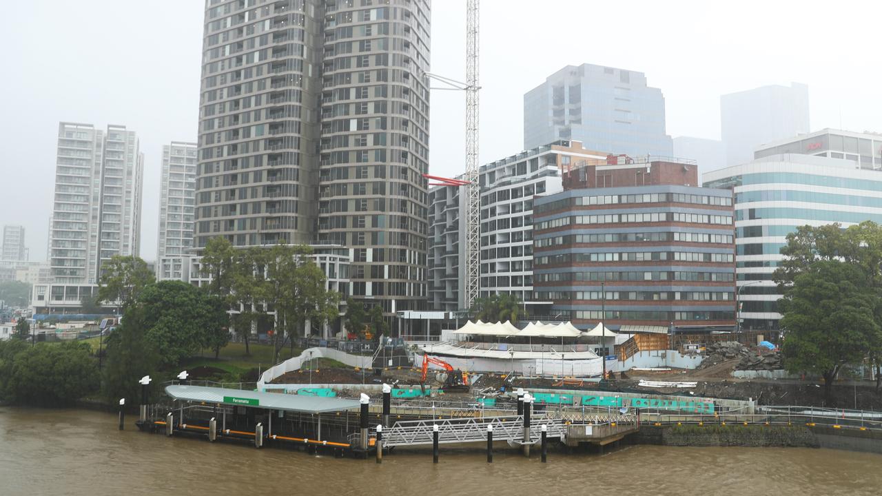 The Parramatta river at the ferry port foreshore is closed. Picture: John Grainger