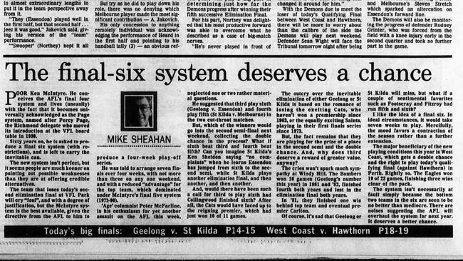 Mike Sheahan urges fans to give the final six a chance in 1991.