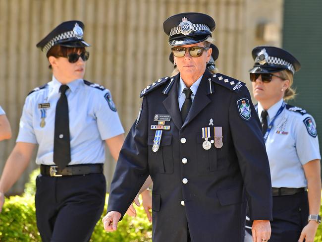 Mourners at the memorial service with full police honours for constables Rachel McCrow and Matthew Arnold at Brisbane Entertainment Centre. Picture: John Gass/NCA NewsWire