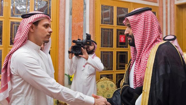 Saudi Crown Prince Mohammed bin Salman meets Jamal Khashoggi’s son Salah yesterday. Picture: AFP