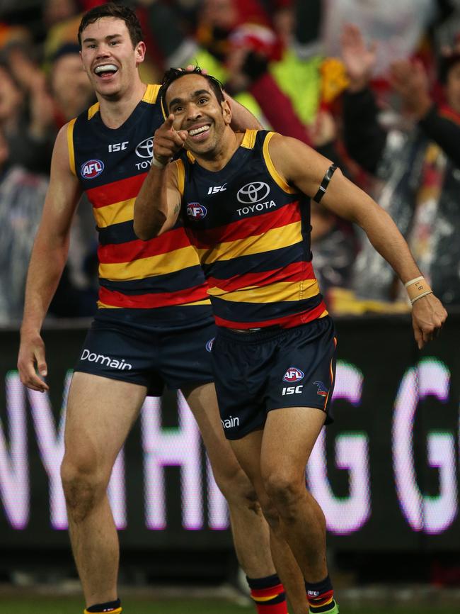 Mitch McGovern and Eddie Betts celebrate a goal last year. Picture: James Elsby/AFL Media/Getty Images)