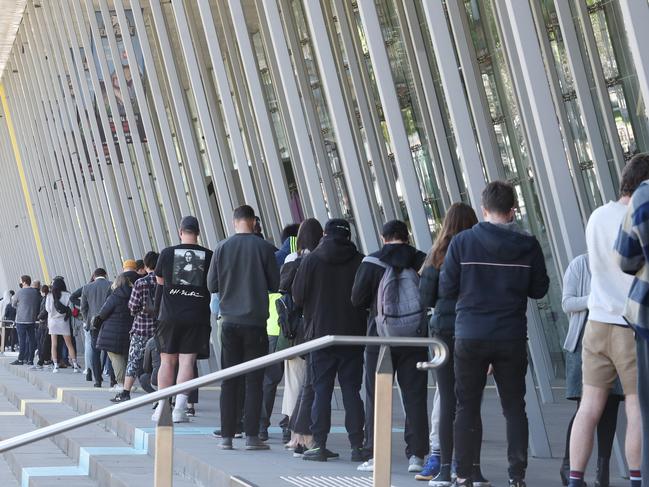 Queues for Covid vaccines at the Exhibition Centre. Picture: David Crosling