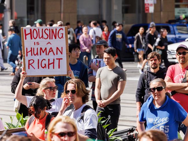 SYDNEY, AUSTRALIA - NewsWire Photos SEPTEMBER 9, 2023: With the cost of rent soaring, public housing being sold off to private developers, and the housing crisis worsening by the day - people are taking to the streets ahead of the state budget to demand action to fix the housing crisis. Picture: NCA NewsWire / David Swift