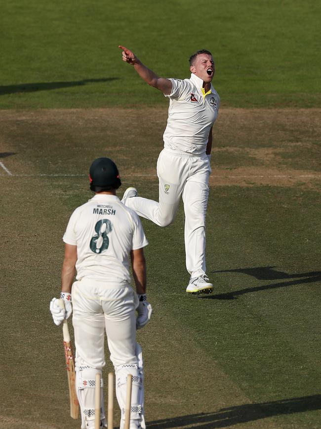 Peter Siddle, who claimed 3-20, celebrates after taking the wicket of Mitch Marsh. Picture: Ryan Pierse/Getty Images