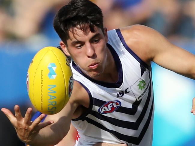 Adam Cerra of the Dockers in action during the AFL Marsh Community Series pre-season match between the West Coast Eagles and the Fremantle Dockers at HBF Arena in Perth, Saturday, March 7, 2020. (AAP Image/Gary Day) NO ARCHIVING, EDITORIAL USE ONLY