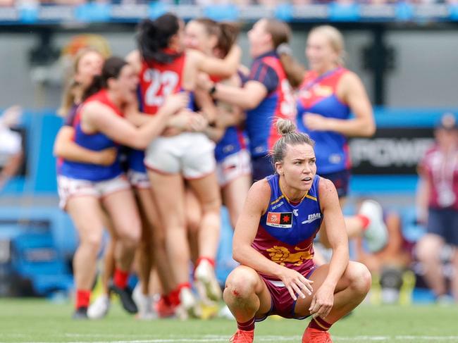 IPSWICH, AUSTRALIA - NOVEMBER 27: A dejected Emily Bates of the Lions is seen during the 2022 AFLW Season 7 Grand Final match between the Brisbane Lions and the Melbourne Demons at Brighton Homes Arena, Springfield, Ipswich on November 27, 2022 in Ipswich, Australia. (Photo by Russell Freeman/AFL Photos via Getty Images)