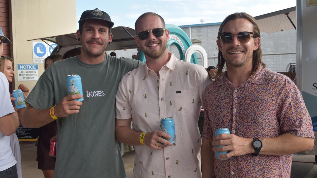 Kobi Reilly, Todd Bothamley and Matt Ferguson at Your Mates Beer Day Out in Warana on December 10, 2022. Picture: Sam Turner