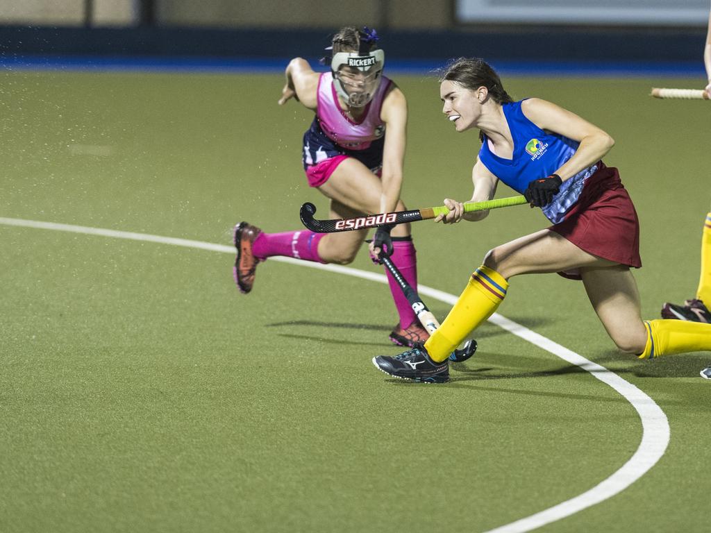 Chelsea Bodimeade shoots for Brisbane against Toowoomba 2 in Hockey Queensland Championships at Clyde Park, Saturday, May 1, 2021. Picture: Kevin Farmer