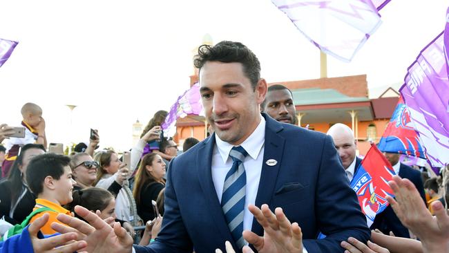 Billy Slater greeting fans at NRL grand final day. (AAP Image/Joel Carrett)