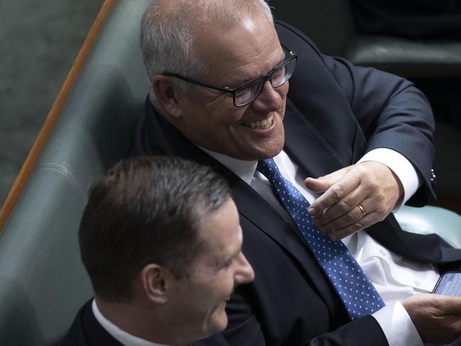 CANBERRA, AUSTRALIA - NewsWire Photos NOVEMBER 29, 2022: Alex Hawke with former PM Scott Morrison during Question Time in the House of Representatives in Parliament House in Canberra.Picture: NCA NewsWire / Gary Ramage