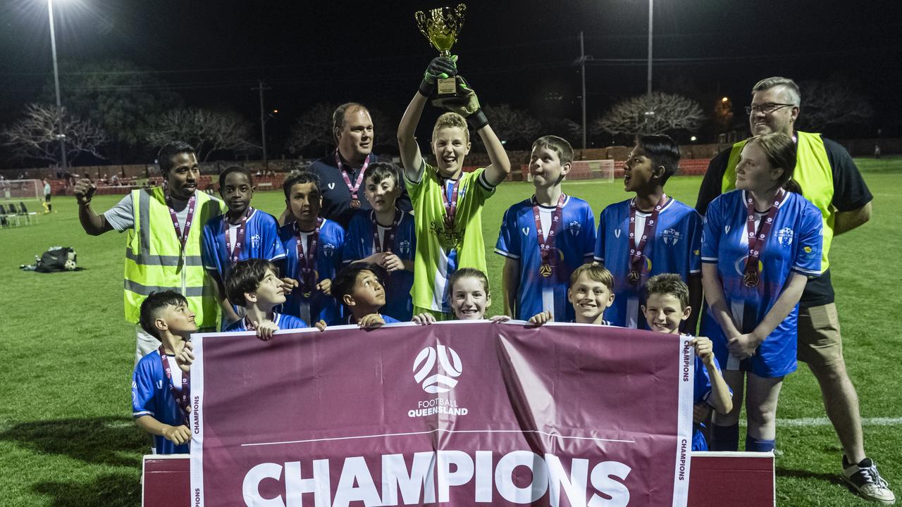 Rockville Rovers White are grand final champions after defeating USQ FC in Football Queensland Darling Downs Community Juniors U13 Div 1 Maroon at Clive Berghofer Stadium, Friday, August 30, 2024. Picture: Kevin Farmer