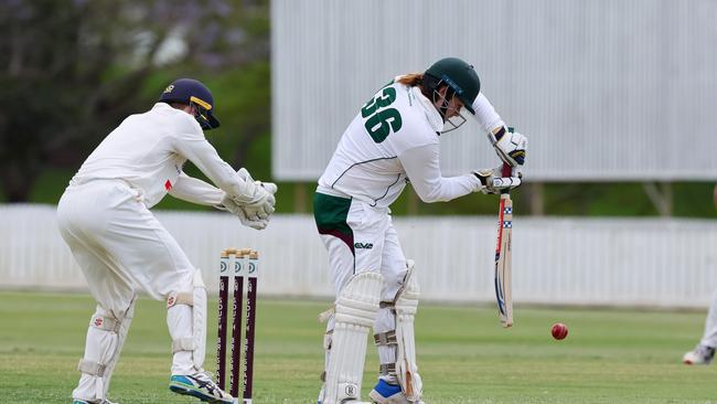 Logan Duval plays a shot during the Bulls Masters first grade cricket game between South Brisbane and University. Photo: Tertius Pickard