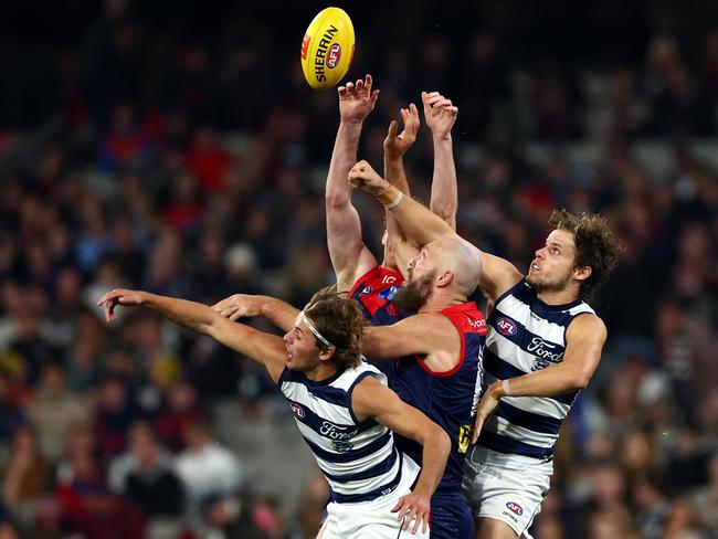 Geelong made it hard work for Max Gawn for most of the night. Picture: Quinn Rooney/Getty Images