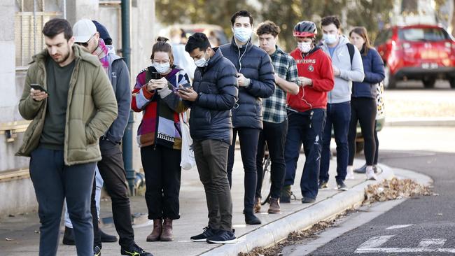 People queue outside a Covid testing clinic in Brunswick. Picture: Getty