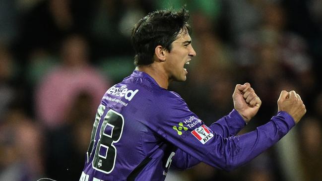 Paddy Dooley enjoys one of his four wickets against Perth Scorchers.