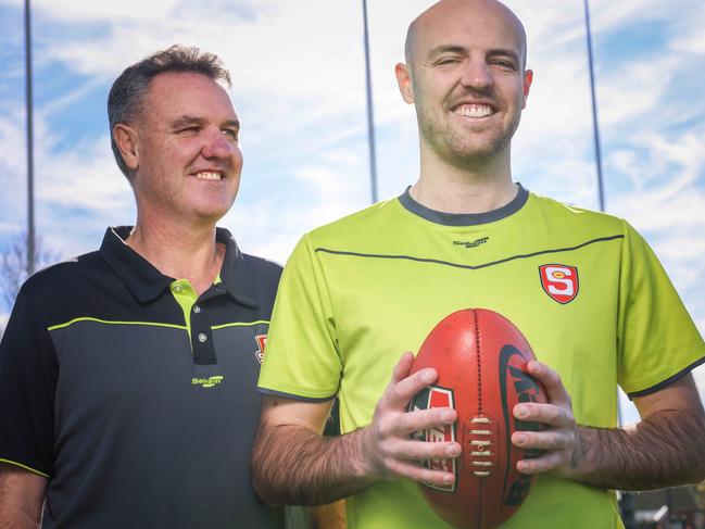 ADV NEWSSANFL umpire Ben Williams, who will make his league debut on Saturday, with his Hall of Fame umpire dad Richard Williams at Sturt Oval, Unley.Pictures/Russell Millard