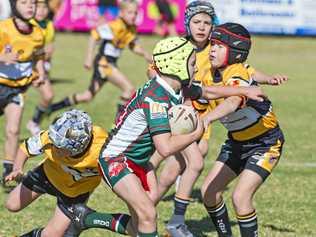 GOOD RUN: Pittsworth's Lincoln Mason takes on the Gatton line during an under-8s junior rugby league carnival. Picture: Nev Madsen