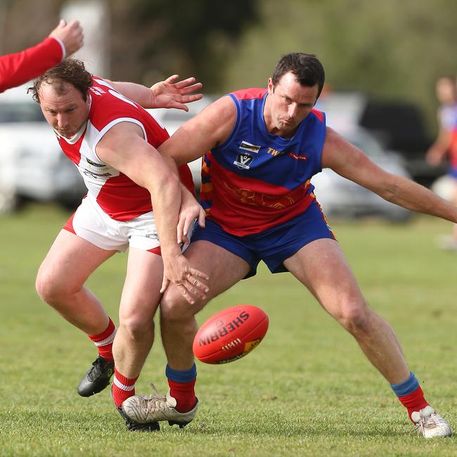 Kain Robins, right, has booted 52 goals for Marong as it chases back-to-back Loddon Valley premierships this season.