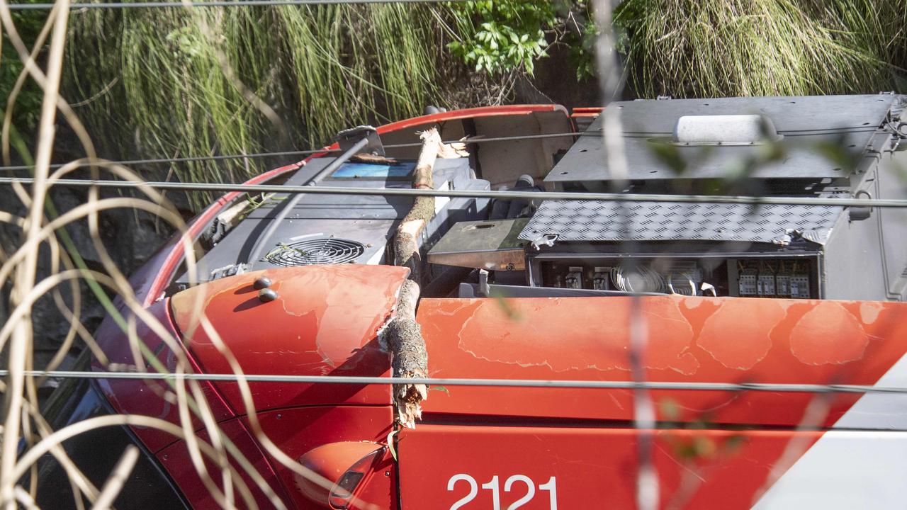 Sixty-seven passengers were trapped inside a light rail tram carriage that was stranded by a fallen tree across an electrical power line. Picture: NewsWire / Jeremy Piper