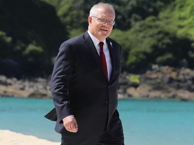 Australian Prime Minister Scott Morrison attends the G7 family photo along with other G7+ world leaders at the Carbis Bay Estate. Photo: Adam Taylor/PMO