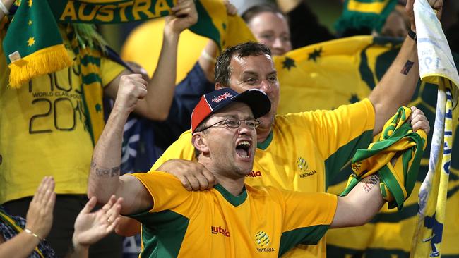 NEWCASTLE, AUSTRALIA - JANUARY 27: Socceroos fans cheer on their team during the Asian Cup Semi Final match between the Australian Socceroos and the United Arab Emirates at Hunter Stadium on January 27, 2015 in Newcastle, Australia. (Photo by Tony Feder/Getty Images)