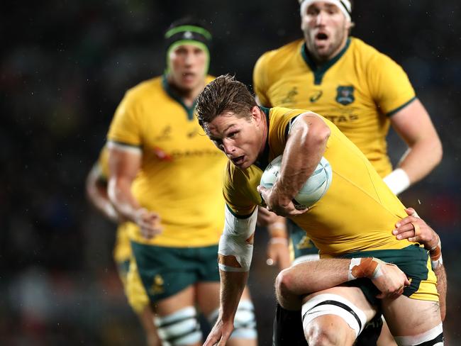 Michael Hooper is tackled during the Bledisloe Cup Test match.