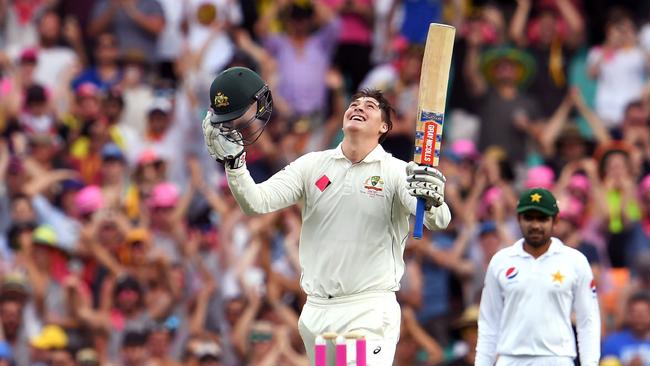 Former Test batsman Matt Renshaw celebrates scoring his century against Pakistan during a cricket Test match in 2017. Picture: AFP PHOTO/William West