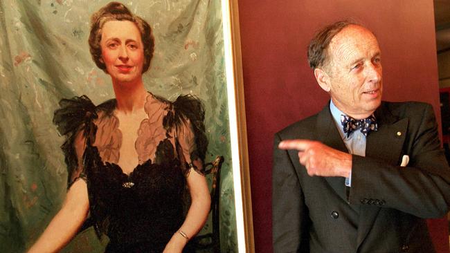 The late Baillieu "Bails" Myer in front of a portrait of his mother that hangs at the Sidney Myer Music Bowl.