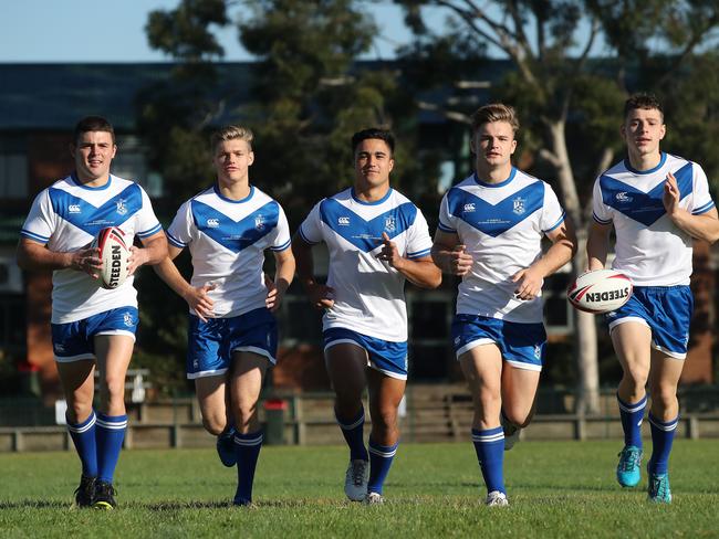 NRL School Boy Cup St Dominic's College at Kingswood. Pictured is (left) Ryley Smith, 18, Keagan Russell-Smith, 17, Mason Teague, 17, Lachlan Whitehouse, 17 and Liam Ison, 16. Picture: David Swift