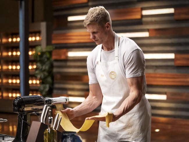 AFL champion Nick Riewoldt turns his hand to making some fresh pasta on Celebrity MasterChef Australia. Picture: Supplied.