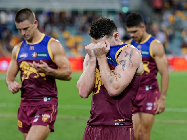 BRISBANE, AUSTRALIA - MARCH 08: A dejected Lachie Neale of the Lions is seen during the 2024 AFL Opening Round match between the Brisbane Lions and the Carlton Blues at The Gabba on March 08, 2024 in Brisbane, Australia. (Photo by Russell Freeman/AFL Photos via Getty Images)