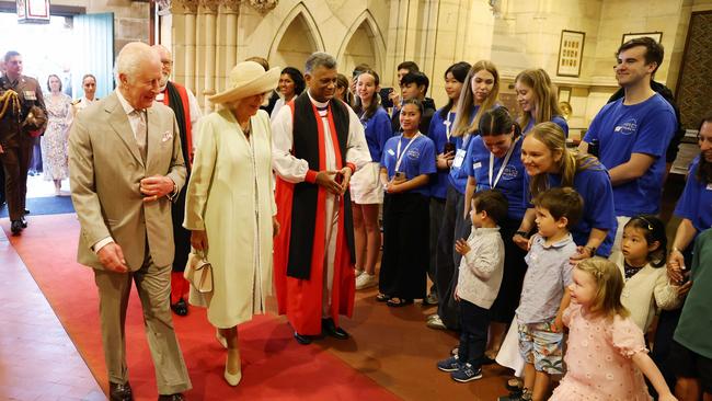 King Charles III and Queen Camilla attend a church service officiated by the Archbishop of Sydney Kanishka Raffel at a church in North Sydney. Little girl does a curtsy. Picture: NewsWire / Rohan Kelly