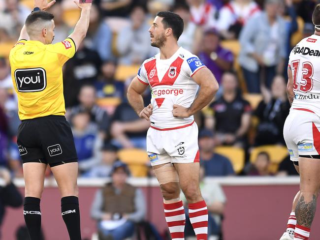 BRISBANE, AUSTRALIA - MAY 16: Josh McGuire of the Dragons is sent to the sin bin during the round 10 NRL match between the Melbourne Storm and the St George Illawarra Dragons at Suncorp Stadium, on May 16, 2021, in Brisbane, Australia. (Photo by Albert Perez/Getty Images)
