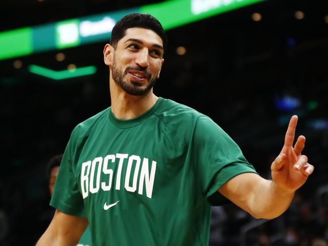 BOSTON, MASSACHUSETTS - OCTOBER 27: Enes Kanter #13 of the Boston Celtics reacts before the game against the Washington Wizards at TD Garden on October 27, 2021 in Boston, Massachusetts. NOTE TO USER: User expressly acknowledges and agrees that, by downloading and or using this photograph, User is consenting to the terms and conditions of the Getty Images License Agreement. (Photo by Omar Rawlings/Getty Images)