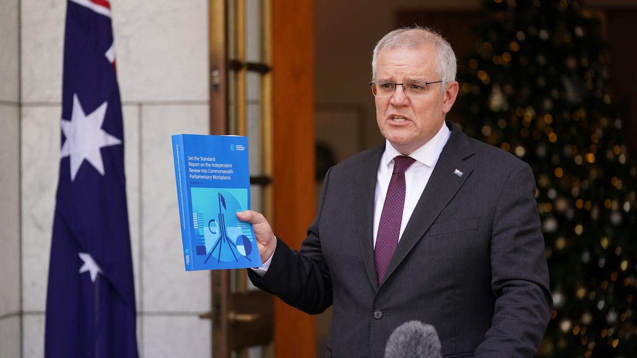 Prime Minister Scott Morrison holds a press conference after the Jenkins Review into sexual discrimination of parliament workplace was handed down today by sex discrimination commissioner Kate Jenkins at Parliament House on November 30, 2021. Picture: Adam Taylor