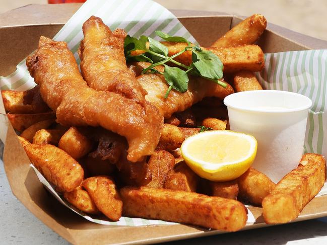 Pictured is the iconic flathead and chips dish in front of the new Boathouse at Shelly Beach, Manly. Taste feature on fish and chips around Sydney.