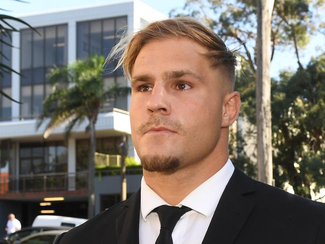 St. George Illawarra Dragons player Jack de Belin arrives at Wollongong Local Court in Wollongong, Tuesday, February 12, 2019. (AAP Image/Dean Lewins) NO ARCHIVING