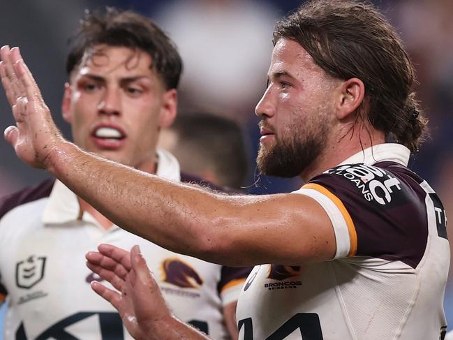 SYDNEY, AUSTRALIA - MARCH 06: Jack Gosiewski of the Broncos celebrates a a try during the round one NRL match between Sydney Roosters and Brisbane Broncos at Allianz Stadium, on March 06, 2025, in Sydney, Australia. (Photo by Matt King/Getty Images)