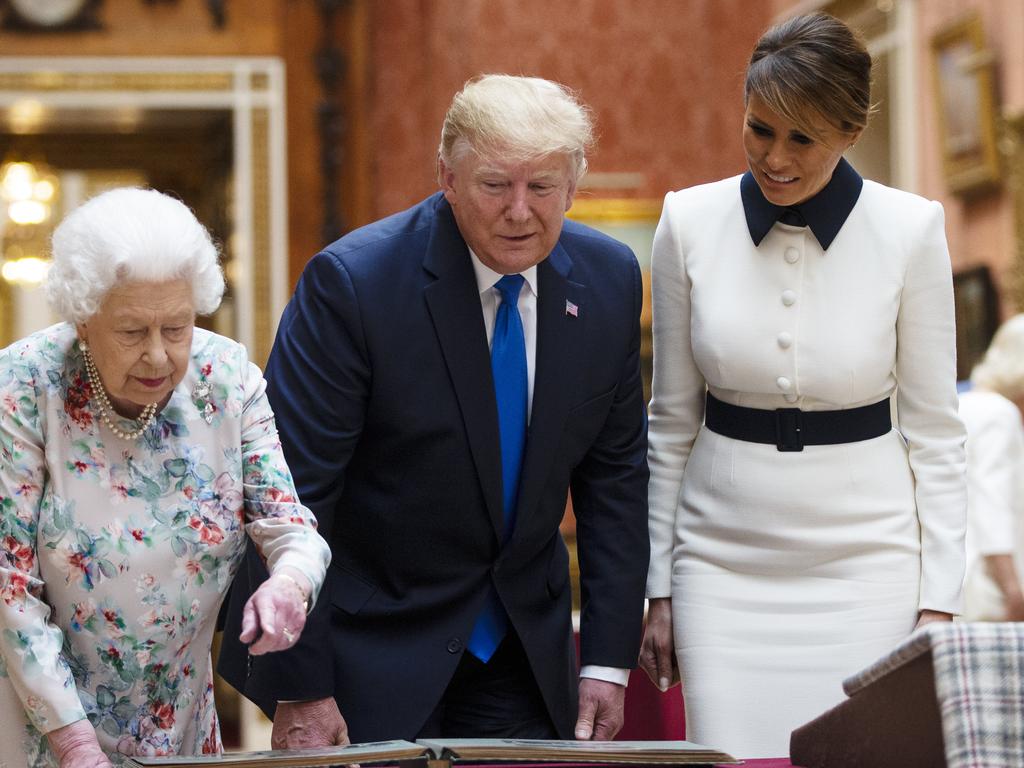 Queen Elizabeth II, US President Donald Trump and First Lady Melania Trump at Buckingham Palace on June 3, 2019 in London. Picture: Ian Vogler/Getty Images