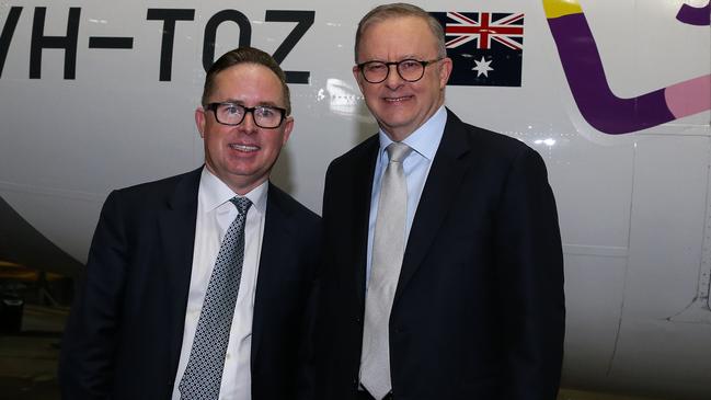 Outgoing Qantas chief Alan Joyce and Prime Minister Anthony Albanese. Picture: NCA Newswire / Gaye Gerard