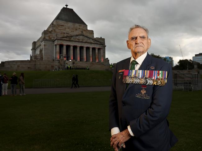 Victoria Cross recipient Keith Payne reflecting on the meaning of the medal and his friendship with other holders including Ben Roberts-Smith, who he doggedly defends. Keith outside The Shrine of Remembrance in Melbourne. Picture: Alex Coppel.