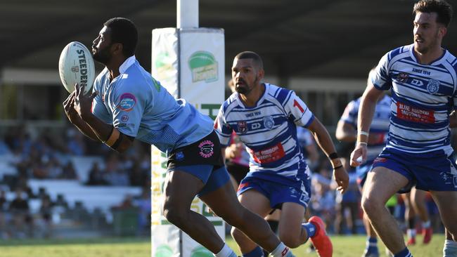A Swifts player tries to control the football during the 2019 Rugby League Ipswich A-Grade grand final against Brothers at the North Ipswich Reserve. Picture: Rob Williams